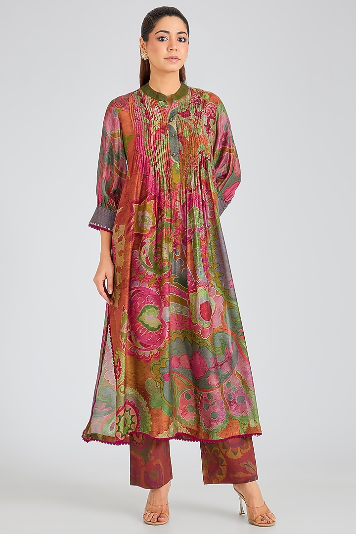 Green & Brown Threadwork & Printed Kurta Set by SIDDHARTHA BANSAL at Pernia's Pop Up Shop