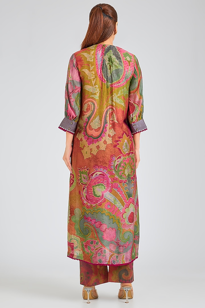 Green & Brown Threadwork & Printed Kurta Set by SIDDHARTHA BANSAL at Pernia's Pop Up Shop