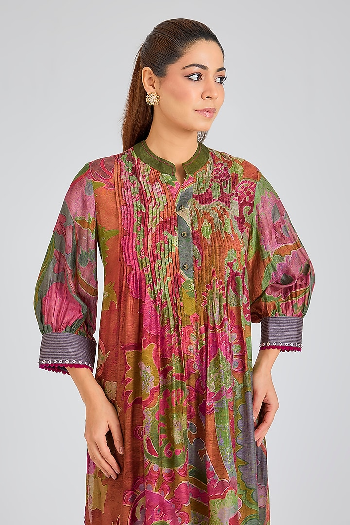 Green & Brown Threadwork & Printed Kurta Set by SIDDHARTHA BANSAL at Pernia's Pop Up Shop