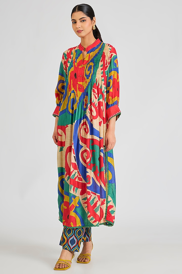 Multi-Colored Modal Muslin Cotton Threadwork & Printed Ombre Kurta Set by SIDDHARTHA BANSAL at Pernia's Pop Up Shop