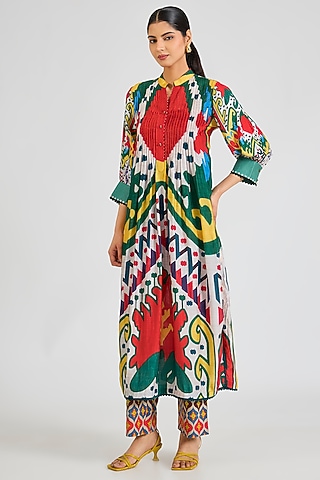 Multi-Colored Crepe Threadwork & Printed Kurta Set by SIDDHARTHA BANSAL