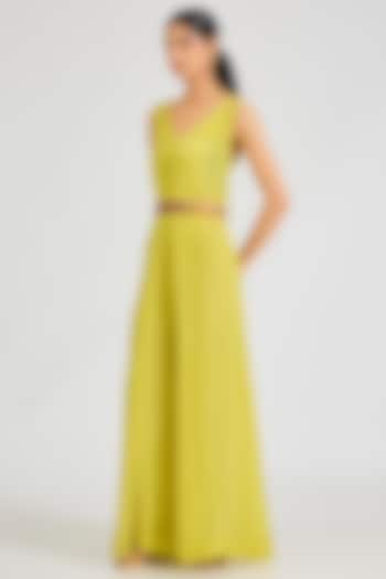 Lime Green Crepe Jumpsuit With Belt by SIDDHARTHA BANSAL at Pernia's Pop Up Shop