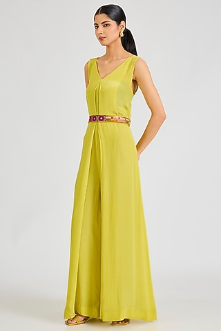 Lime Green Crepe Jumpsuit With Belt by SIDDHARTHA BANSAL