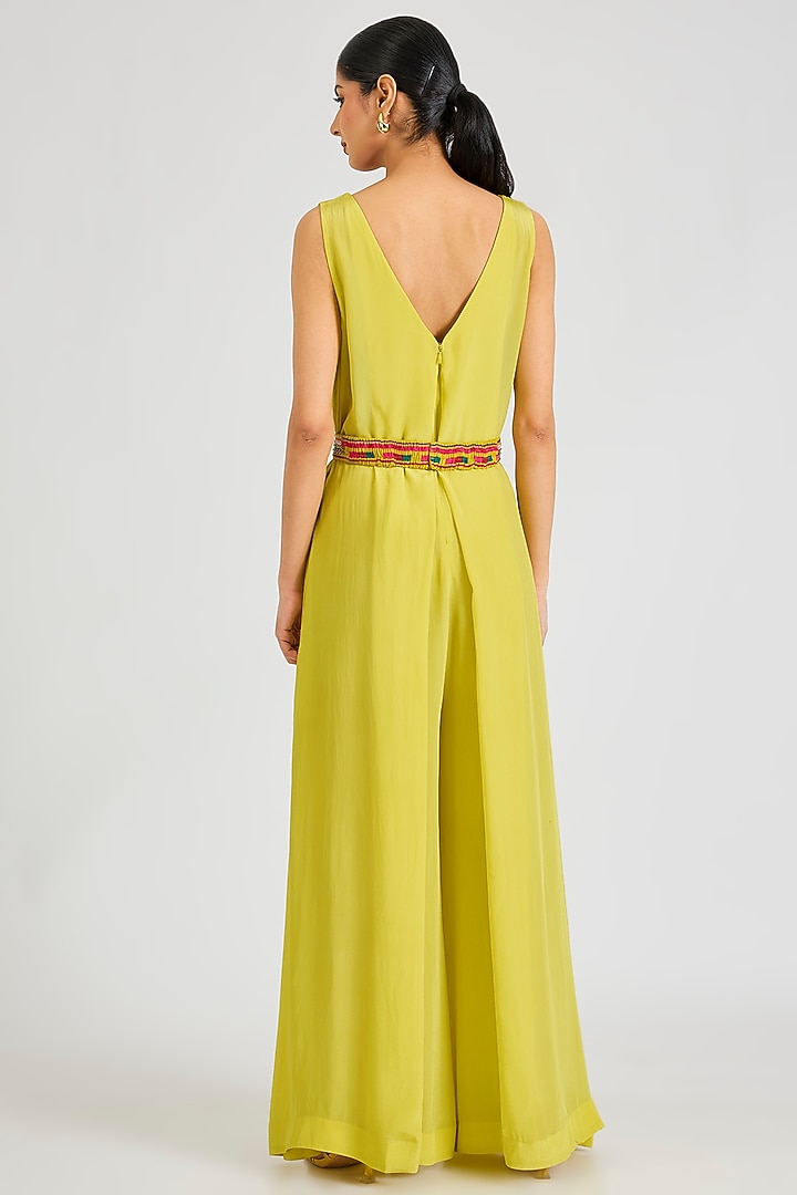 Lime Green Crepe Jumpsuit With Belt by SIDDHARTHA BANSAL at Pernia's Pop Up Shop