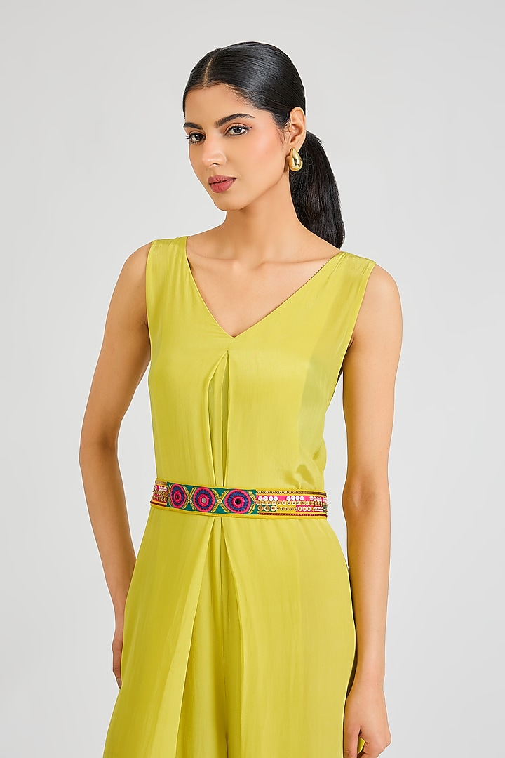 Lime Green Crepe Jumpsuit With Belt by SIDDHARTHA BANSAL at Pernia's Pop Up Shop