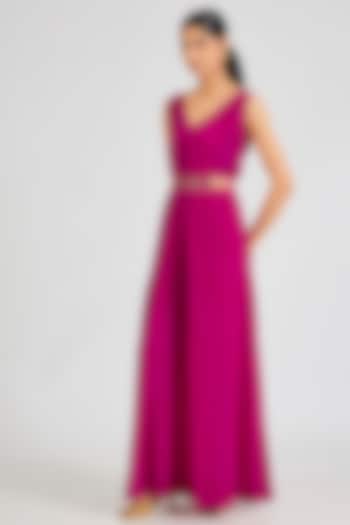 Hot Pink Crepe Jumpsuit With Belt by SIDDHARTHA BANSAL at Pernia's Pop Up Shop