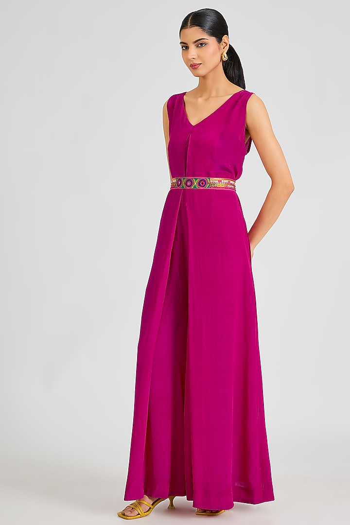 Hot Pink Crepe Jumpsuit With Belt by SIDDHARTHA BANSAL at Pernia's Pop Up Shop