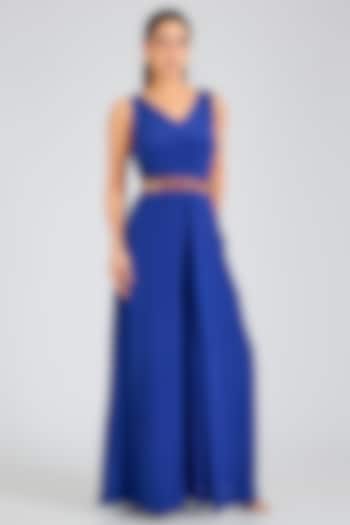 Dark Blue Crepe Jumpsuit With Belt by SIDDHARTHA BANSAL at Pernia's Pop Up Shop