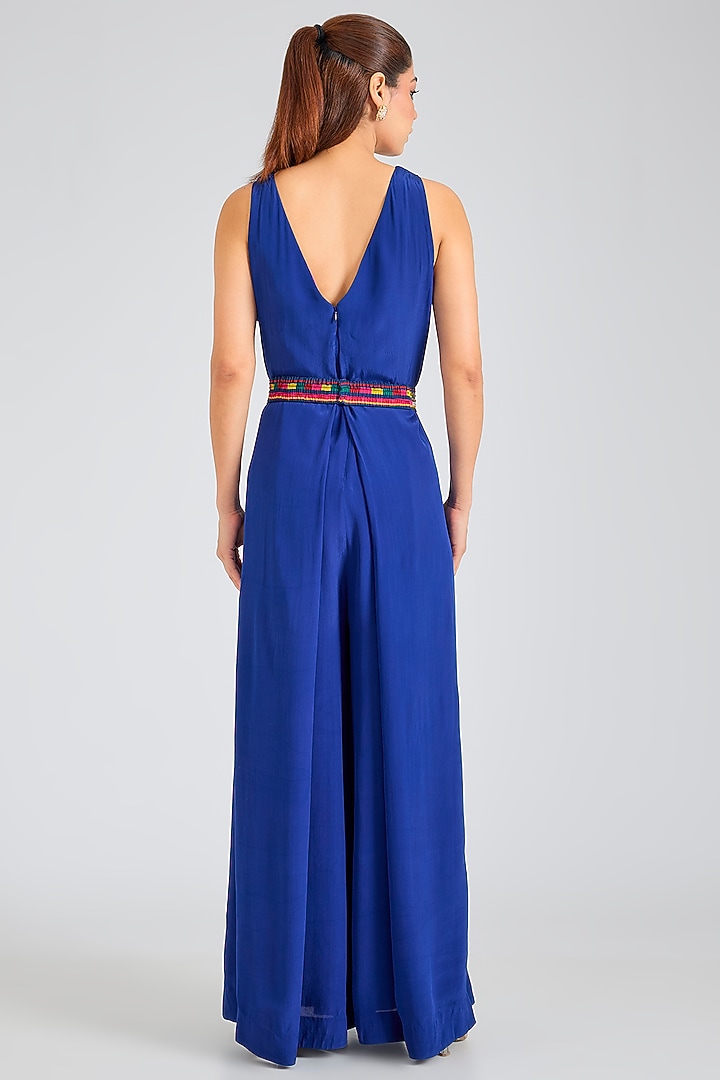 Dark Blue Crepe Jumpsuit With Belt by SIDDHARTHA BANSAL at Pernia's Pop Up Shop