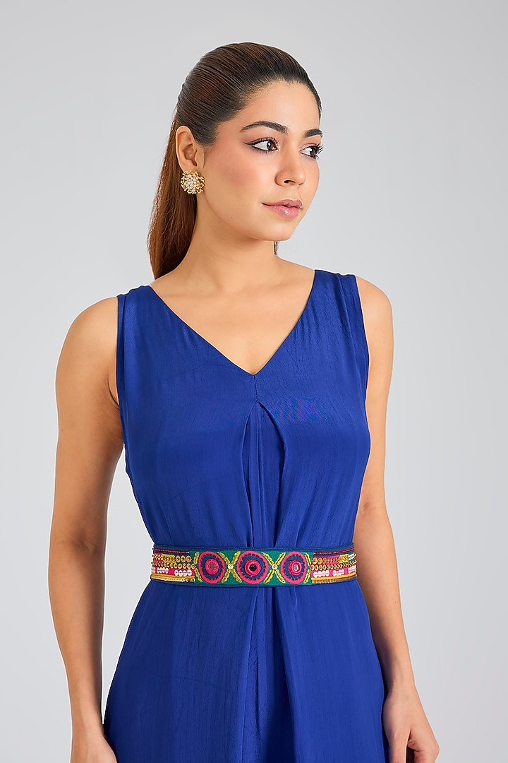 Dark Blue Crepe Jumpsuit With Belt by SIDDHARTHA BANSAL at Pernia's Pop Up Shop