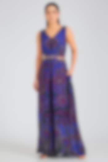 Blue Printed Crepe Jumpsuit With Belt by SIDDHARTHA BANSAL at Pernia's Pop Up Shop