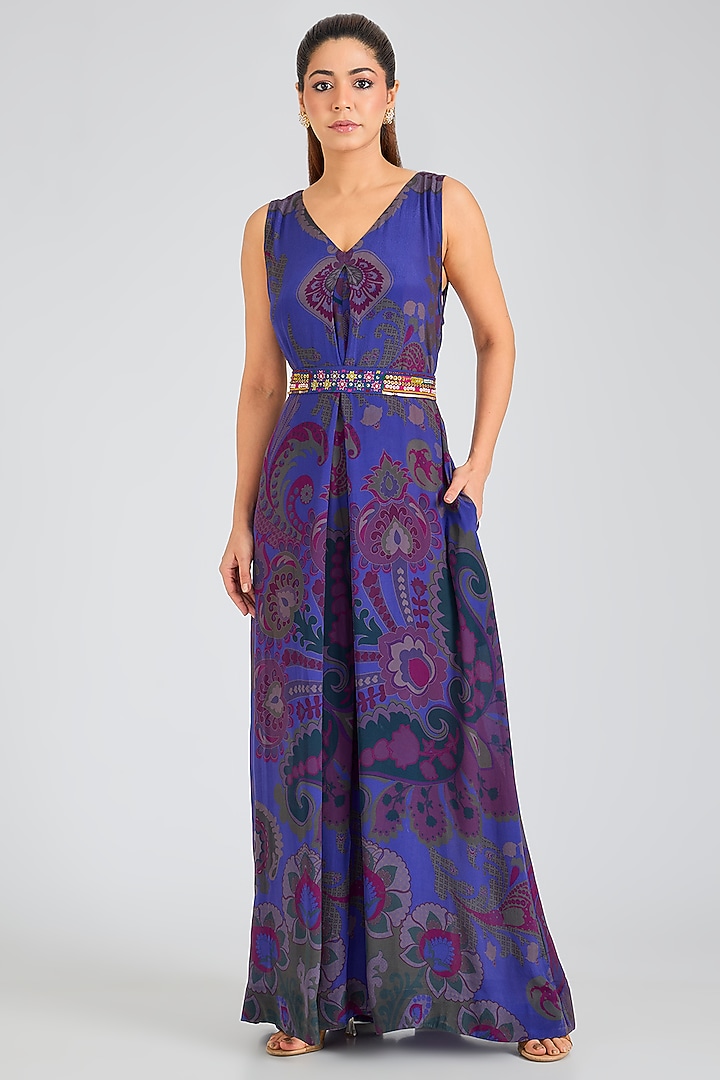 Blue Printed Crepe Jumpsuit With Belt by SIDDHARTHA BANSAL at Pernia's Pop Up Shop