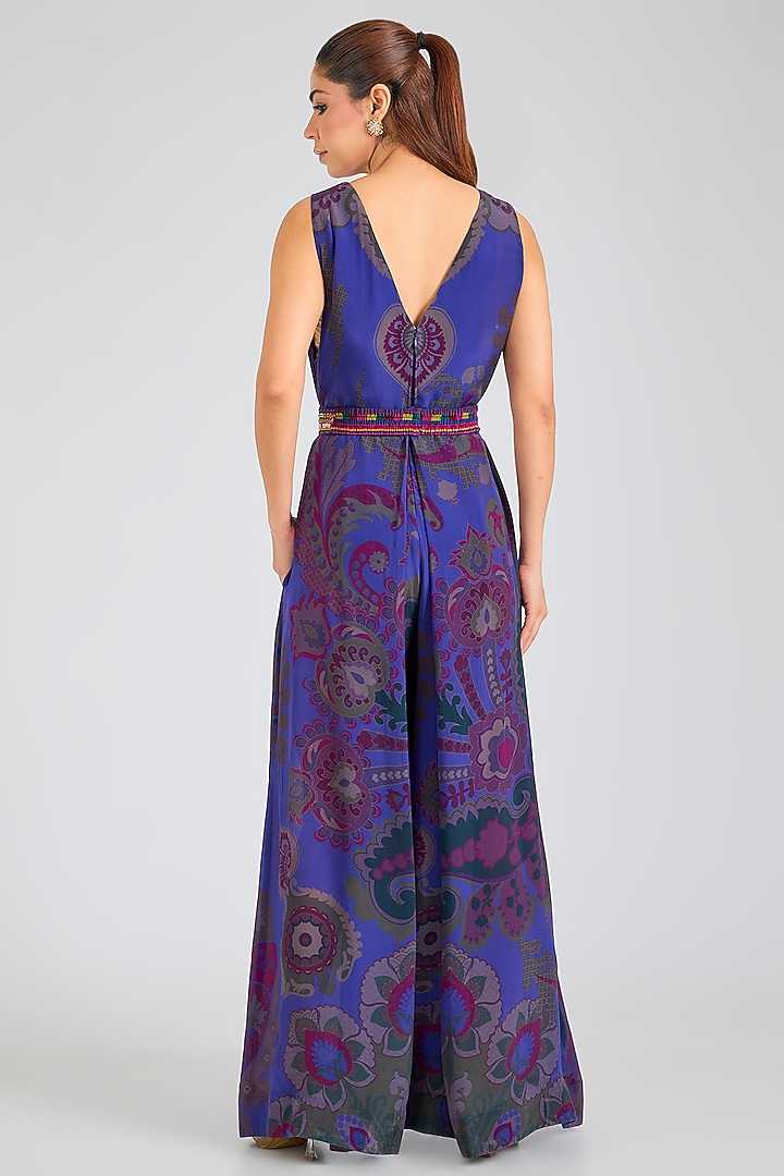 Blue Printed Crepe Jumpsuit With Belt by SIDDHARTHA BANSAL at Pernia's Pop Up Shop
