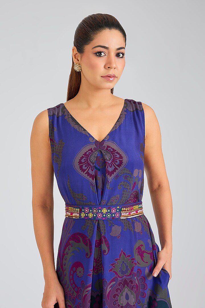 Blue Printed Crepe Jumpsuit With Belt by SIDDHARTHA BANSAL at Pernia's Pop Up Shop