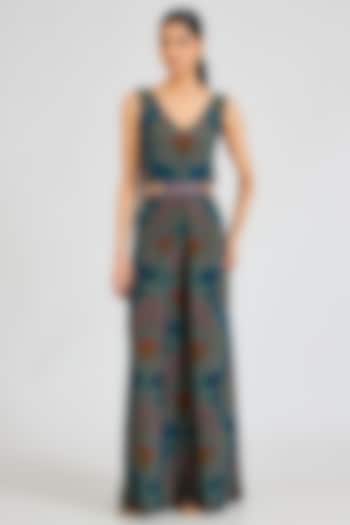 Turquoise Printed Crepe Jumpsuit With Belt by SIDDHARTHA BANSAL at Pernia's Pop Up Shop