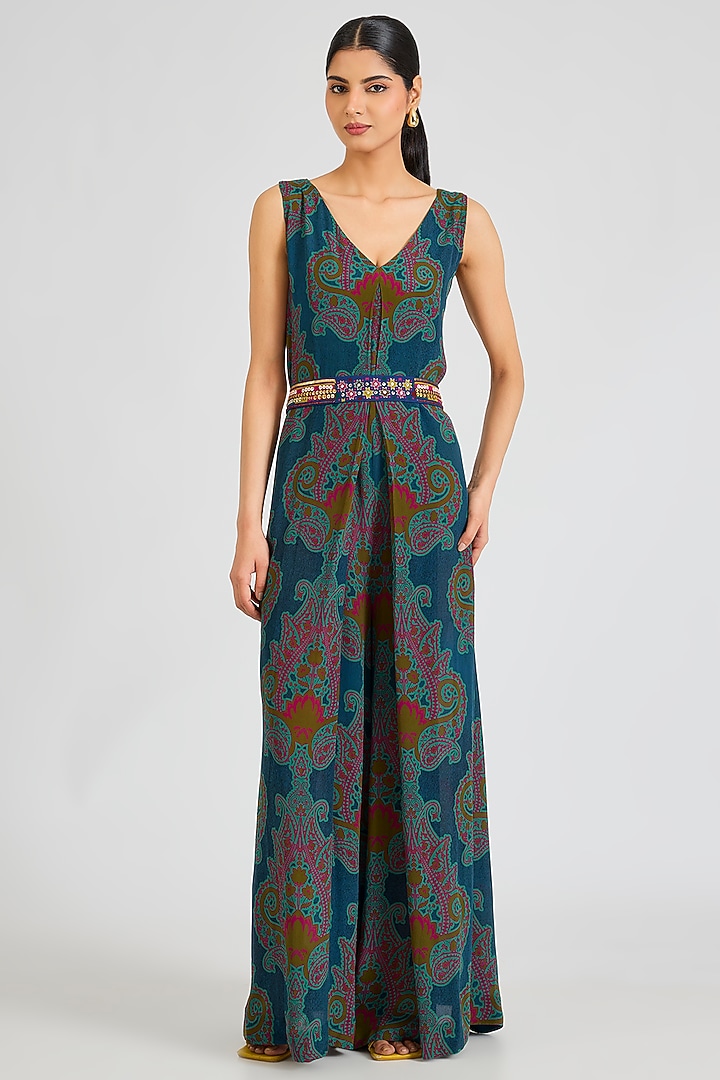 Turquoise Printed Crepe Jumpsuit With Belt by SIDDHARTHA BANSAL at Pernia's Pop Up Shop