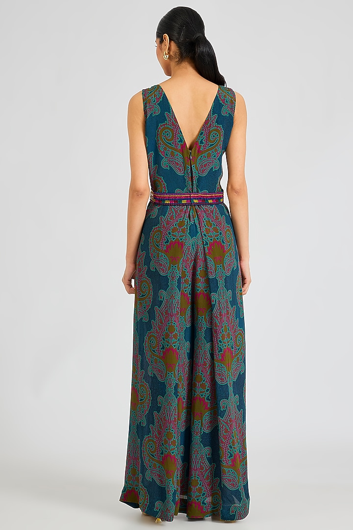 Turquoise Printed Crepe Jumpsuit With Belt by SIDDHARTHA BANSAL at Pernia's Pop Up Shop