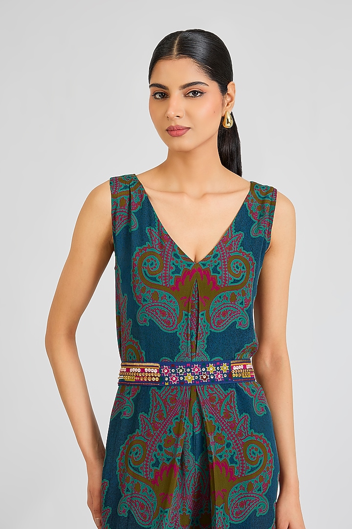 Turquoise Printed Crepe Jumpsuit With Belt by SIDDHARTHA BANSAL at Pernia's Pop Up Shop