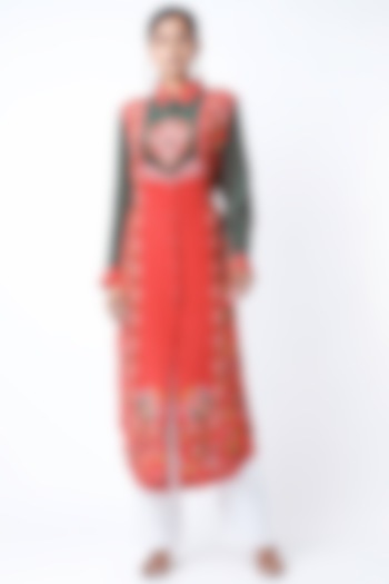 Red & Emerald Green Crepe Shirt Tunic by SIDDHARTHA BANSAL