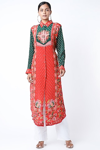 Red & Emerald Green Crepe Shirt Tunic by SIDDHARTHA BANSAL