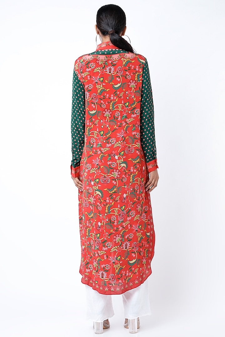 Red & Emerald Green Crepe Shirt Tunic by SIDDHARTHA BANSAL at Pernia's Pop Up Shop