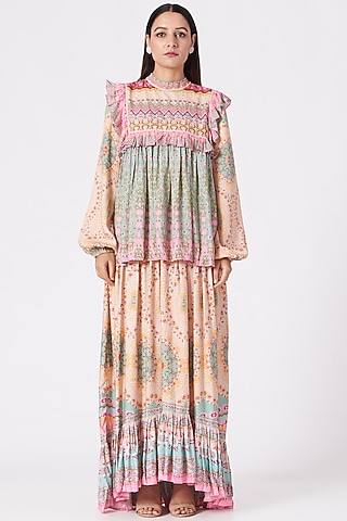 Beige Printed High-Low Skirt Set by SIDDHARTHA BANSAL