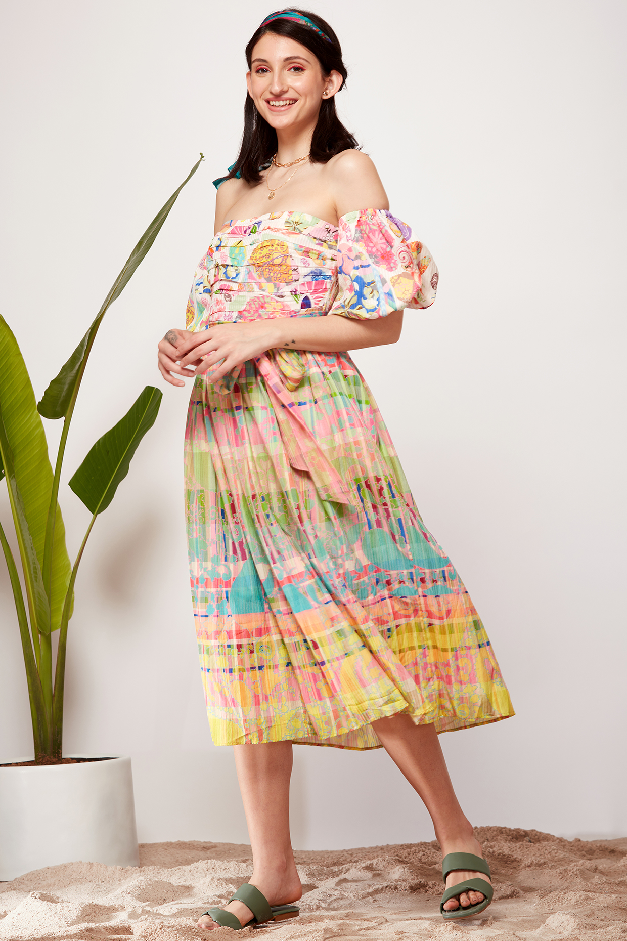Multi-Colored Printed Off-Shoulder Vacation Dress by SIDDHARTHA BANSAL at Pernia's Pop Up Shop