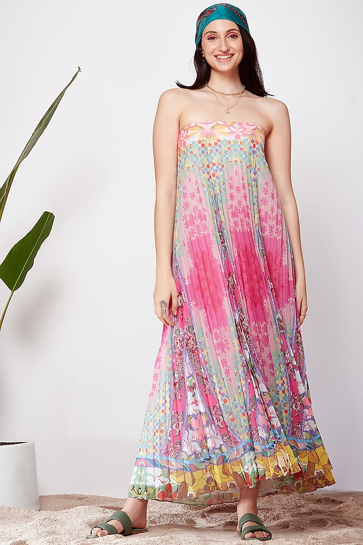 Multi-Colored Pleated Tube Dress With Print by SIDDHARTHA BANSAL