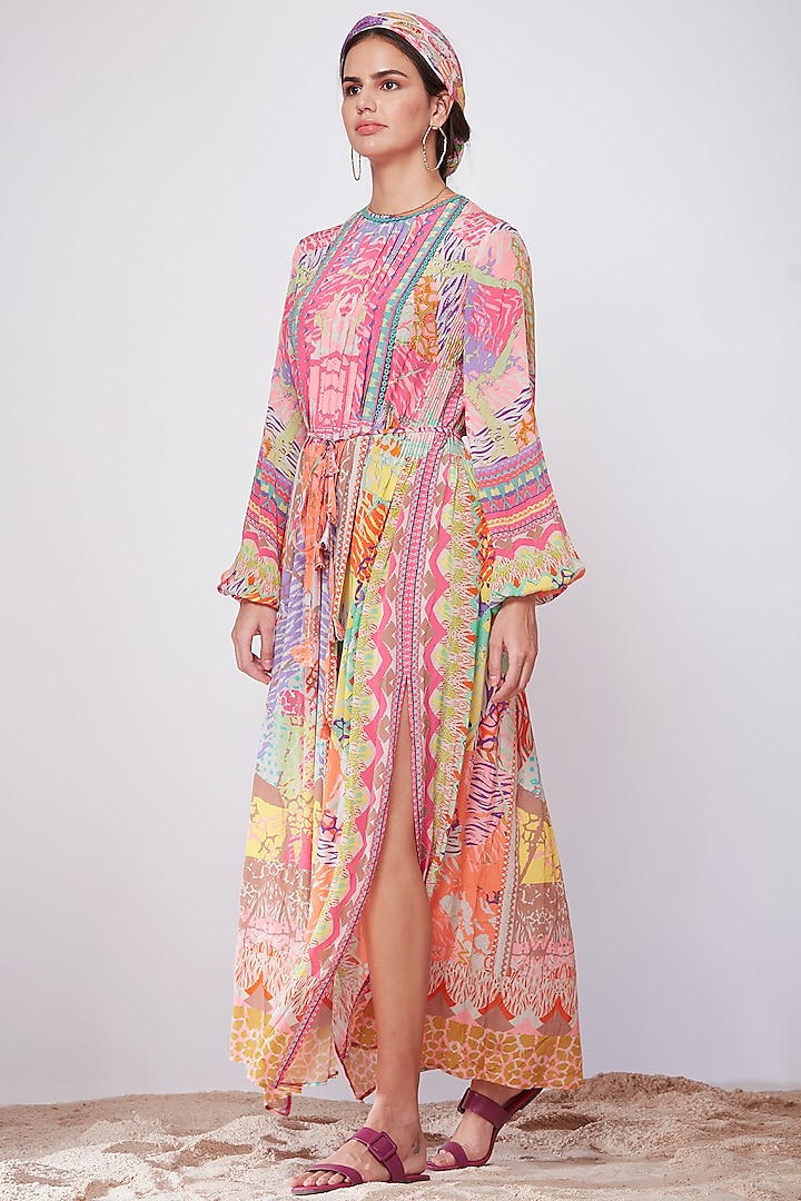 Multi-Colored Printed & Hand Embroidered Kaftan Dress by SIDDHARTHA BANSAL