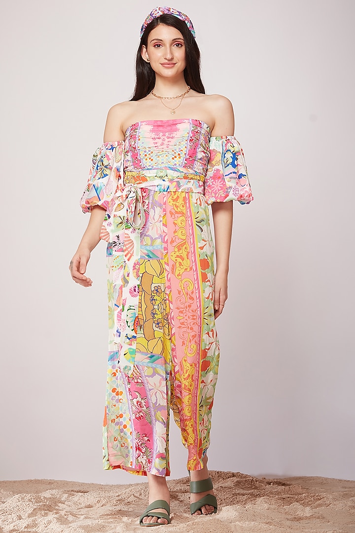 Multi-Colored Floral Printed Off-Shoulder Jumpsuit by SIDDHARTHA BANSAL