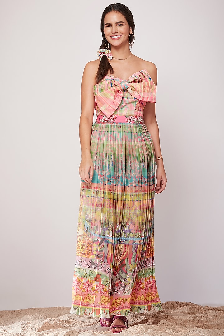 Multi-Colored Knife Pleated Skirt With Print by SIDDHARTHA BANSAL