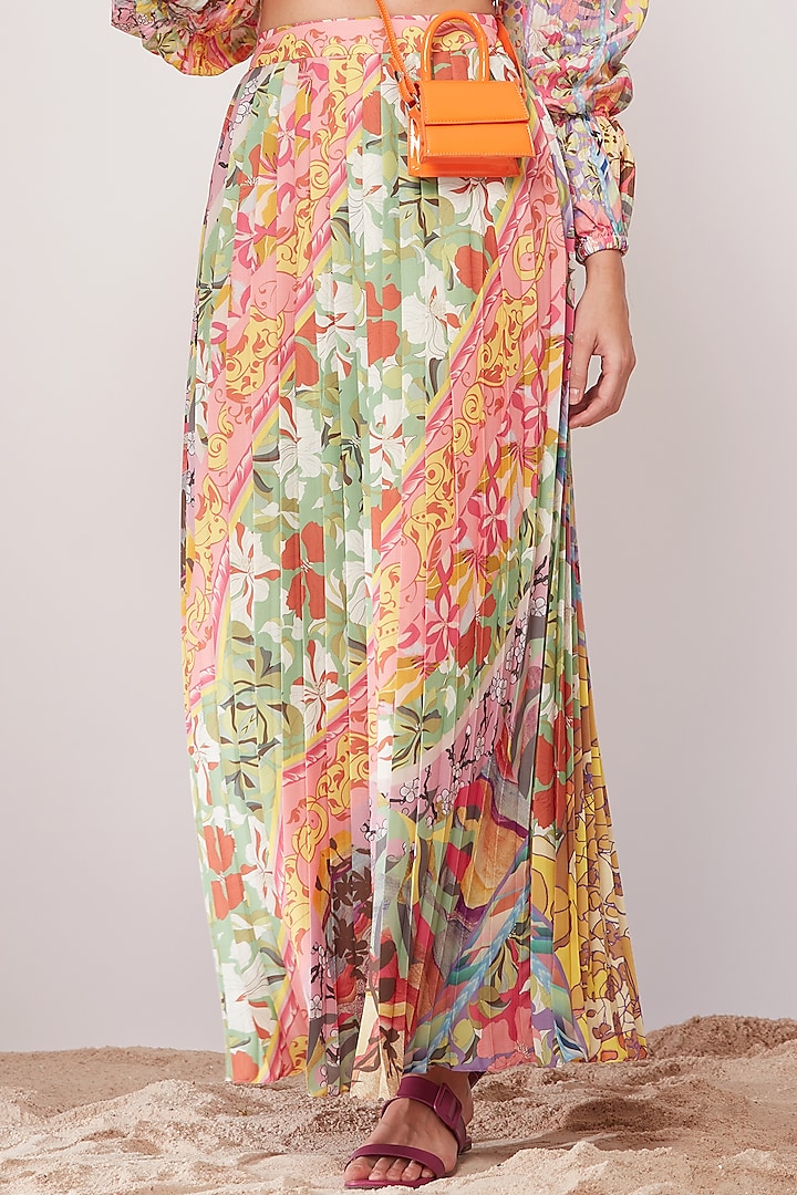 Multi-Colored Knife Pleated Skirt With Floral Print by SIDDHARTHA BANSAL