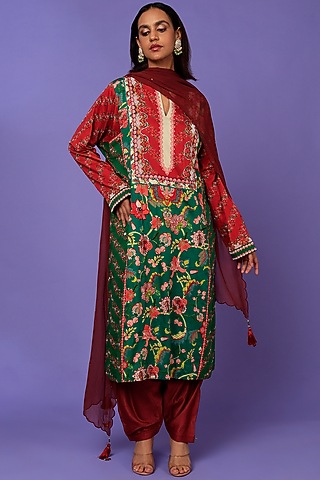 Maroon Printed & Embroidered Kurta Set by SIDDHARTHA BANSAL
