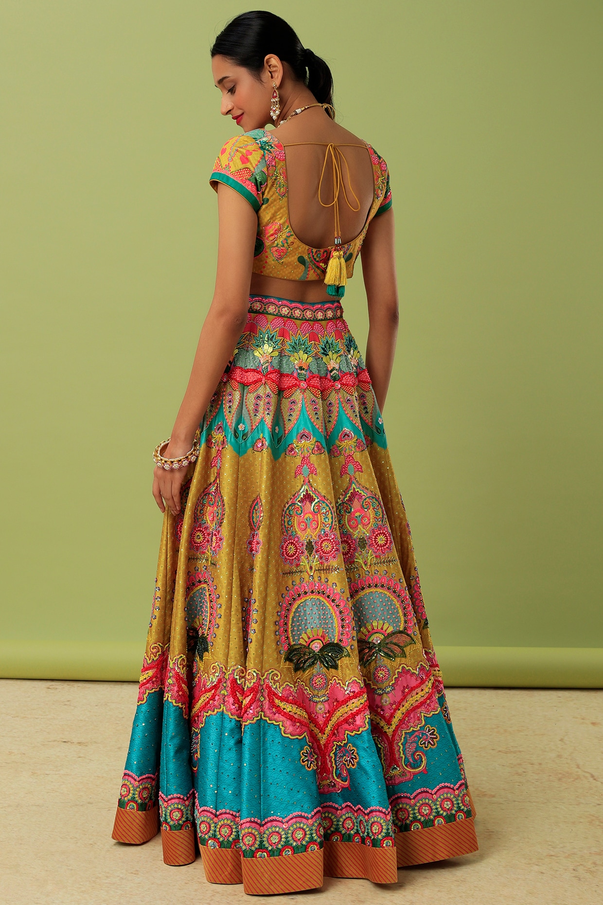 Embroidered Art Silk Lehenga in Mustard and Sky Blue : LYC2889