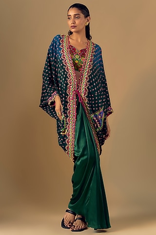 Blue & Red Pure Crepe Hand Embroidered Jacket Set by SIDDHARTHA BANSAL