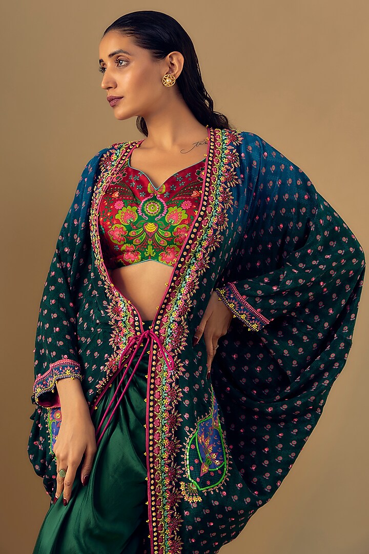 Blue & Red Pure Crepe Hand Embroidered Jacket Set by SIDDHARTHA BANSAL at Pernia's Pop Up Shop