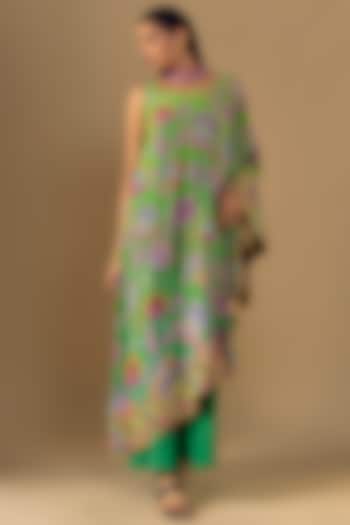 Neon Green Crepe Hand Embroidered Jumpsuit With Cape by SIDDHARTHA BANSAL