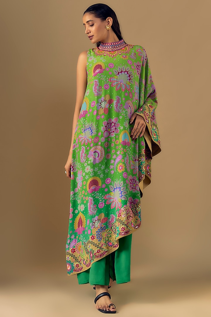 Neon Green Crepe Hand Embroidered Jumpsuit With Cape by SIDDHARTHA BANSAL