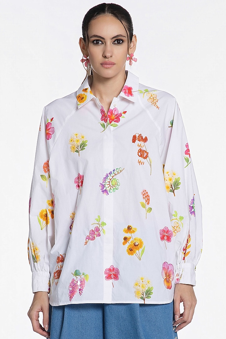 Ivory Cotton Floral Printed Shirt by SIDDHARTHA BANSAL at Pernia's Pop Up Shop