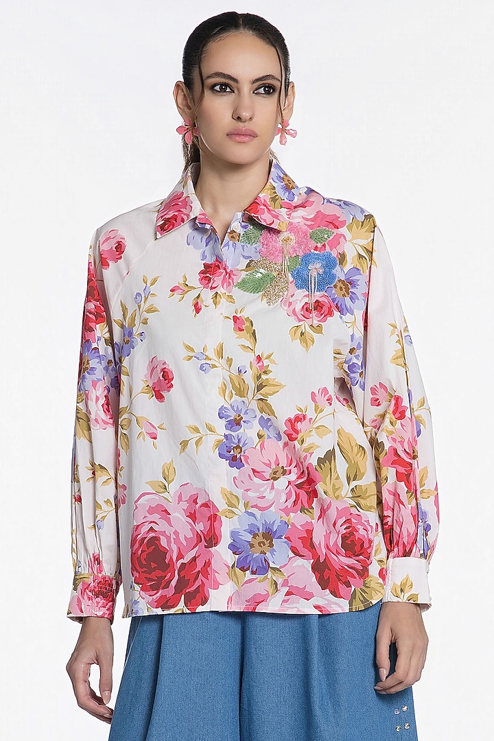 Ivory Cotton Floral Printed Shirt by SIDDHARTHA BANSAL at Pernia's Pop Up Shop