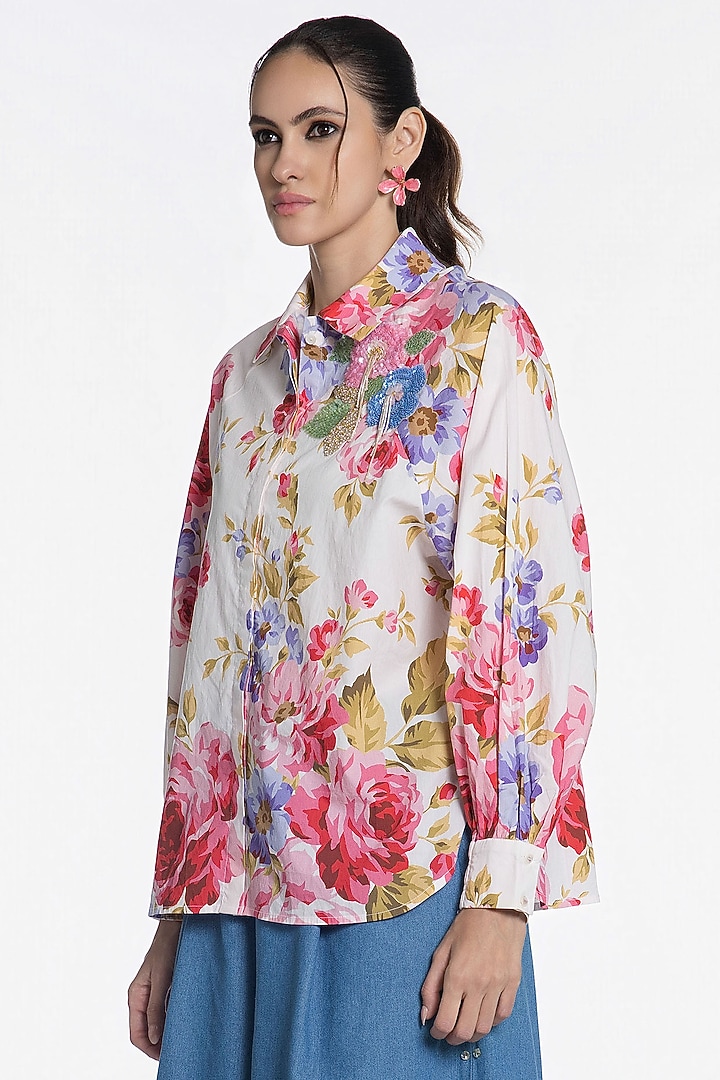 Ivory Cotton Floral Printed Shirt by SIDDHARTHA BANSAL at Pernia's Pop Up Shop