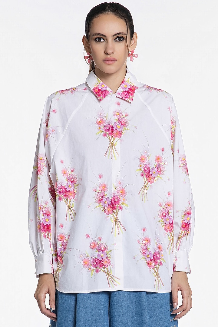 Ivory Cotton Floral Printed Shirt by SIDDHARTHA BANSAL at Pernia's Pop Up Shop