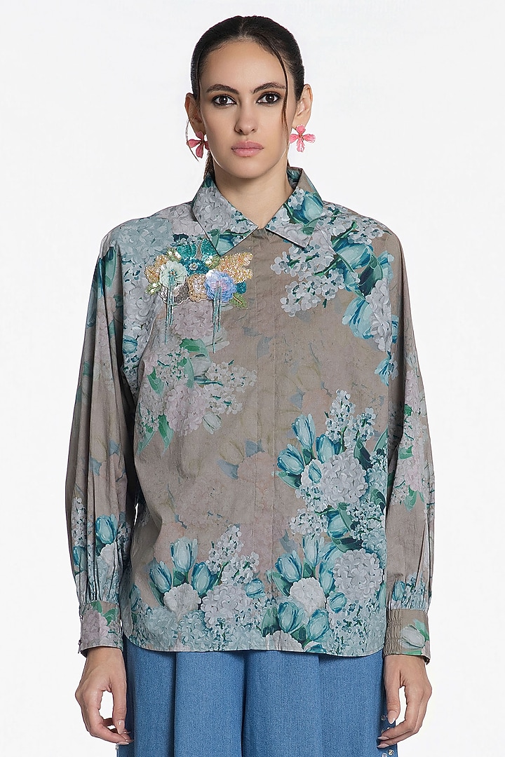 Grey Aqua Cotton Printed Shirt by SIDDHARTHA BANSAL at Pernia's Pop Up Shop