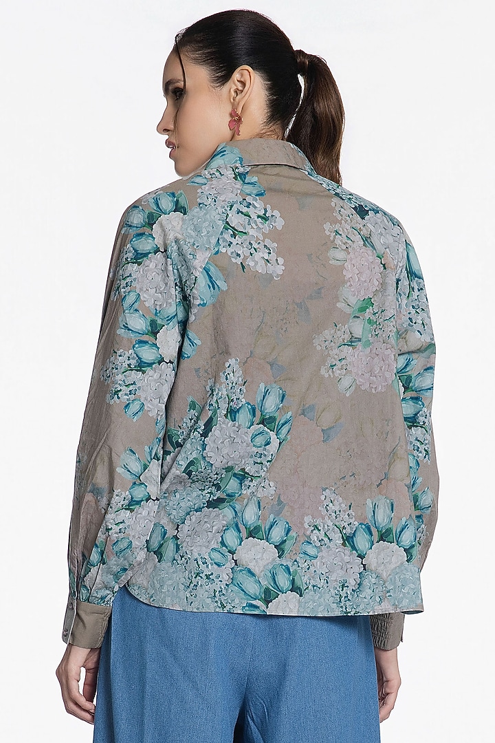 Grey Aqua Cotton Printed Shirt by SIDDHARTHA BANSAL at Pernia's Pop Up Shop