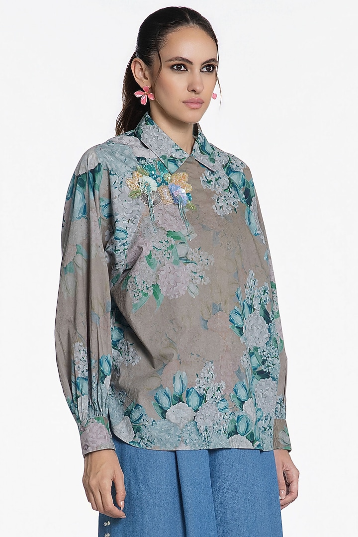 Grey Aqua Cotton Printed Shirt by SIDDHARTHA BANSAL at Pernia's Pop Up Shop