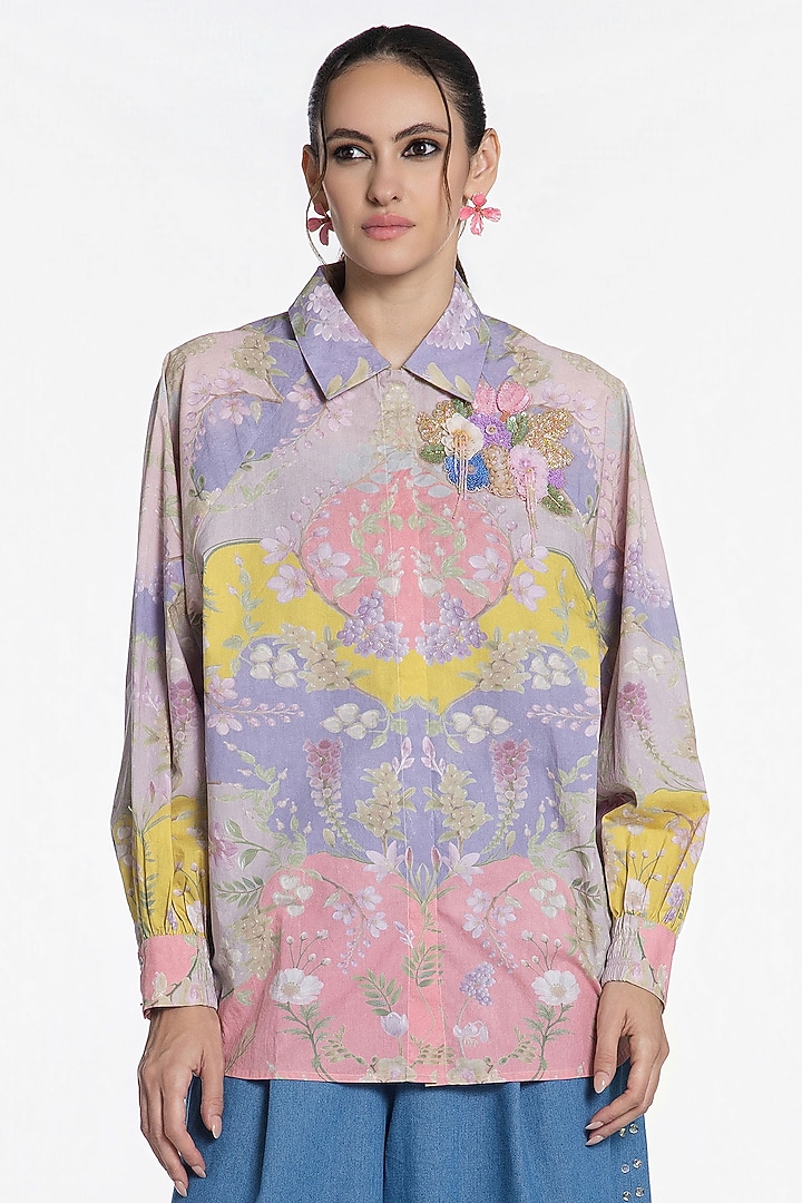 Pink Cotton Floral Printed Shirt by SIDDHARTHA BANSAL at Pernia's Pop Up Shop