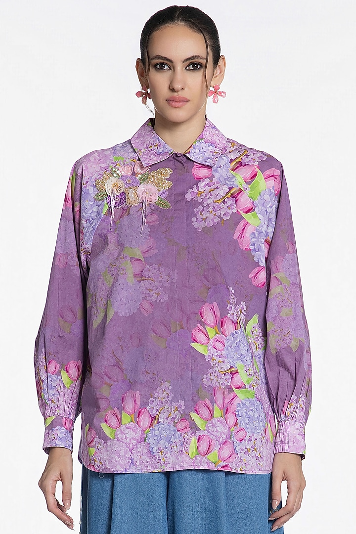 Lilac Cotton Floral Printed Shirt by SIDDHARTHA BANSAL at Pernia's Pop Up Shop