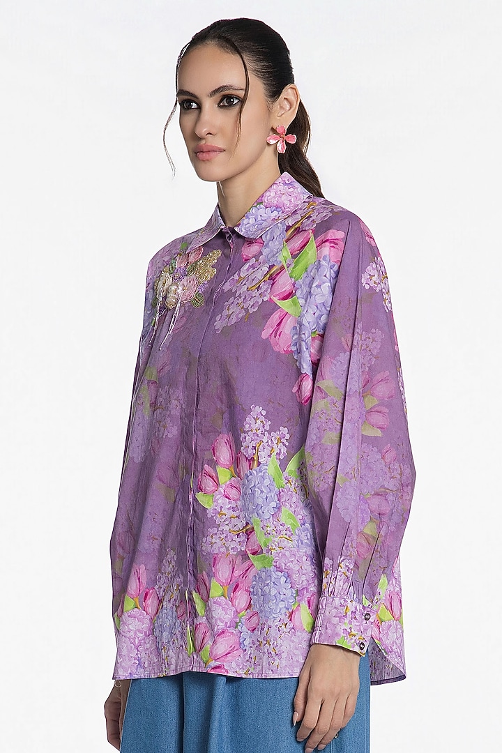 Lilac Cotton Floral Printed Shirt by SIDDHARTHA BANSAL at Pernia's Pop Up Shop