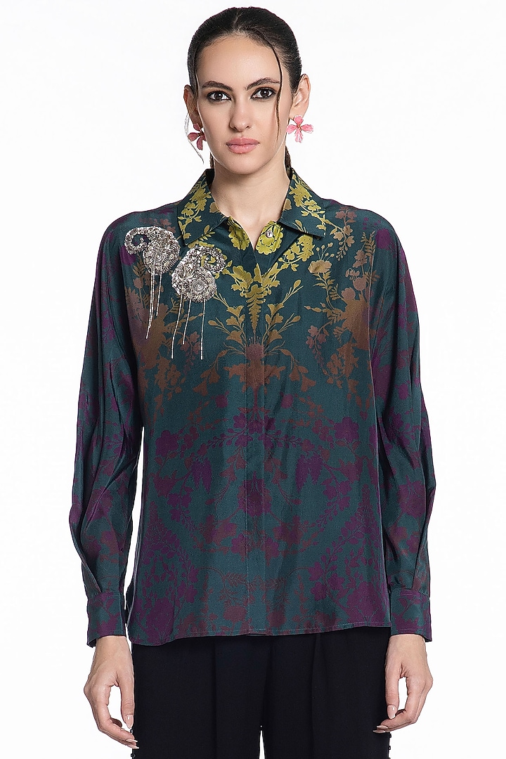 Deep Green Ombre Silk Printed Shirt by SIDDHARTHA BANSAL at Pernia's Pop Up Shop