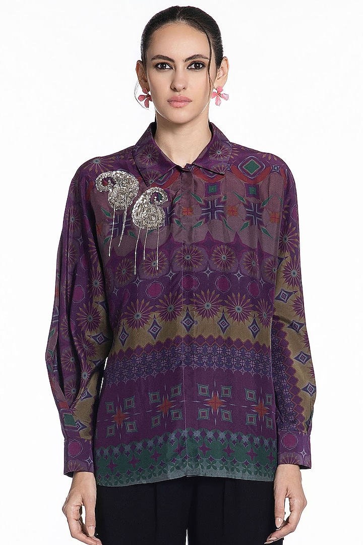 Dark Purple Silk Printed Shirt by SIDDHARTHA BANSAL at Pernia's Pop Up Shop
